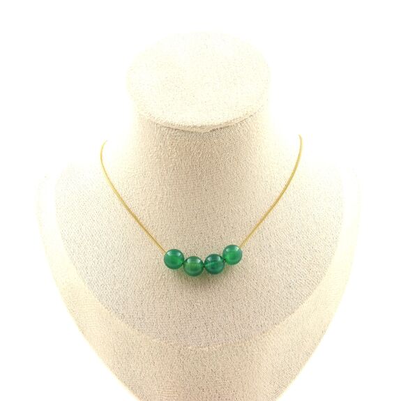 Green Agate 4 beads 8 mm necklace. Golden stainless steel chain