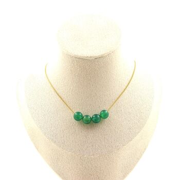 Green Agate 4 beads 8 mm necklace. Golden stainless steel chain
