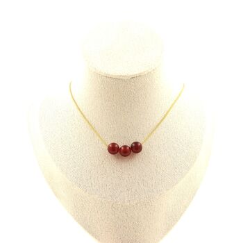 Red Agate 3 beads necklace 8 mm. Golden stainless steel chain