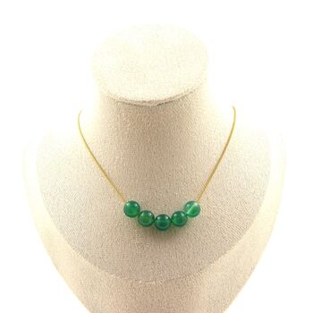 Green Agate 5 beads 8 mm necklace. Golden stainless steel chain