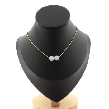 Blue Chalcedony 2 beads 8 mm necklace. Golden stainless steel chain