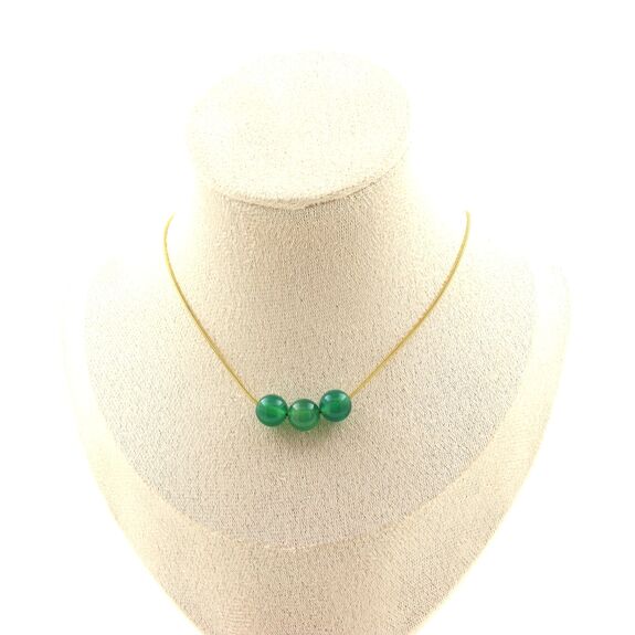 Green Agate 3 beads 8 mm necklace. Golden stainless steel chain