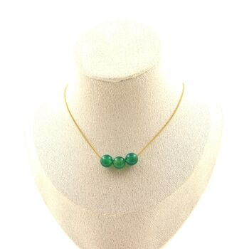 Green Agate 3 beads 8 mm necklace. Golden stainless steel chain