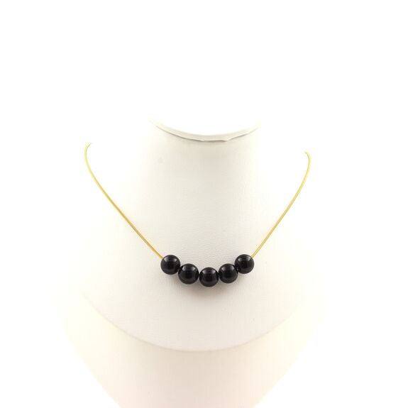 Black Agate 5 beads 8 mm necklace. Golden stainless steel chain