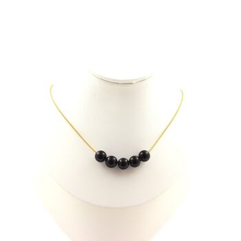 Black Agate 5 beads 8 mm necklace. Golden stainless steel chain