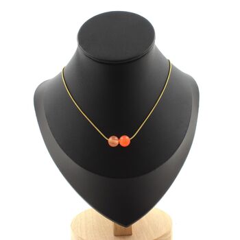 Orange Chalcedony 2 beads 8 mm necklace. Golden stainless steel chain
