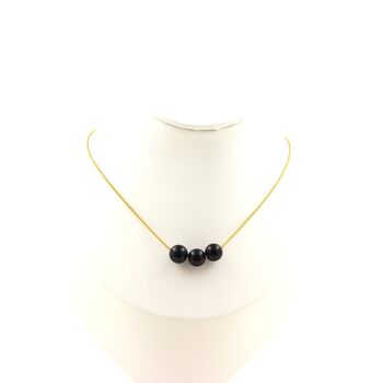 Black Agate 3 beads 8 mm necklace. Golden stainless steel chain