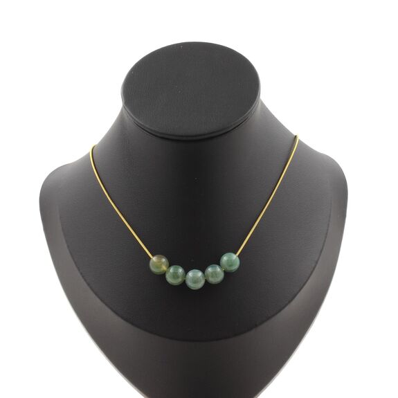 Moss Agate 5 beads 8 mm necklace. Golden stainless steel chain