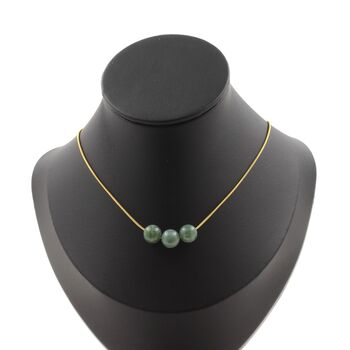 Moss Agate 3 beads 8 mm necklace. Golden stainless steel chain