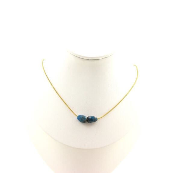 Blue Apatite from Brazil 2 beads necklace. Golden stainless steel chain