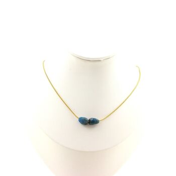 Blue Apatite from Brazil 2 beads necklace. Golden stainless steel chain