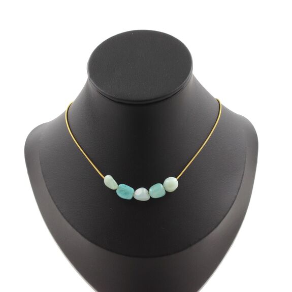 Amazonite from Brazil 5 beads necklace. Golden stainless steel chain