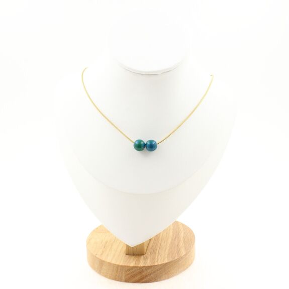 Tinted Chrysocolla 8 mm 2 beads necklace. Golden stainless steel chain