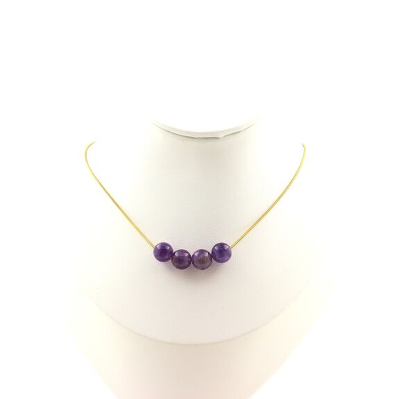 Amethyst 4 beads  8 mm necklace. Golden stainless steel chain