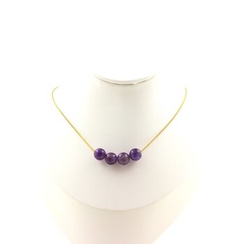 Amethyst 4 beads 8 mm necklace. Golden stainless steel chain