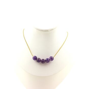 Amethyst 5 beads 8 mm necklace. Golden stainless steel chain