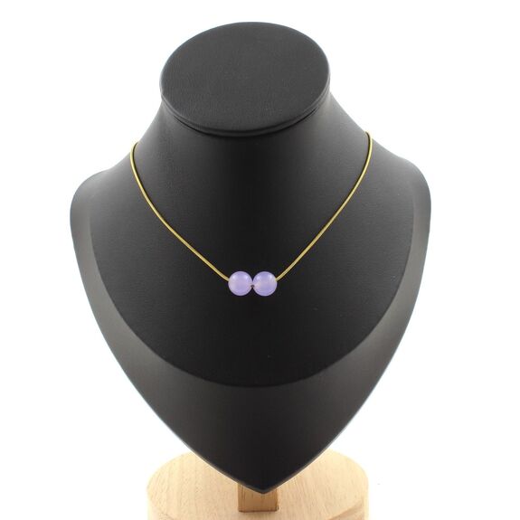 Lavender Chalcedony 2 beads 8 mm necklace. Golden stainless steel chain