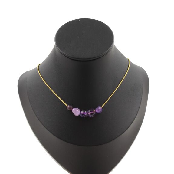 Amethyst from Brazil 5 beads necklace. Golden stainless steel chain