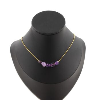 Amethyst from Brazil 5 beads necklace. Golden stainless steel chain