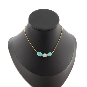 Amazonite from Brazil 3 beads necklace. Golden stainless steel chain