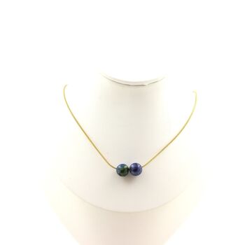 Azurite Chrysocolla 2 beads 8 mm necklace. golden stainless steel chain