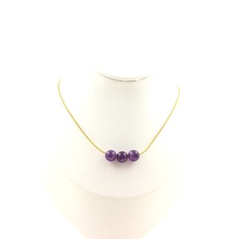 Amethyst 3 beads 8 mm necklace. Golden stainless steel chain
