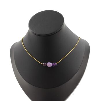 Amethyst from Brazil 3 beads necklace. Golden stainless steel chain