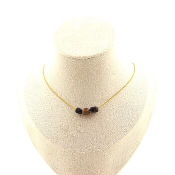 Andalusite from the USA 3 beads necklace. Golden stainless steel chain
