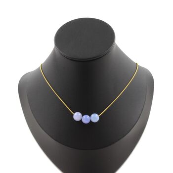 Aquamarine 3 beads 8 mm necklace. Golden stainless steel chain