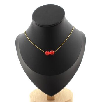 Red Chalcedony 2 beads 8 mm necklace. Golden stainless steel chain