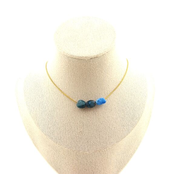 Apatite from Brazil 3 beads necklace. Golden stainless steel chain