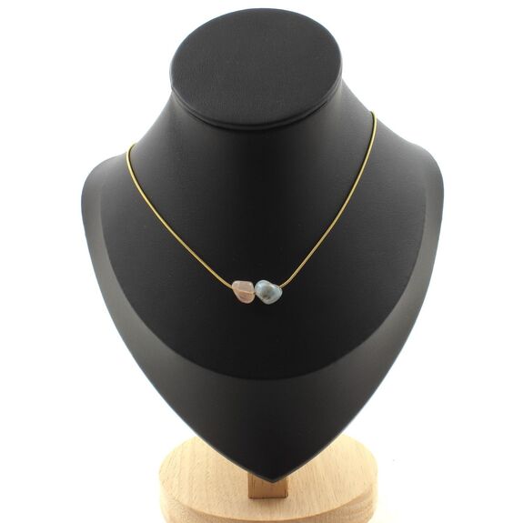 Beryl Morganite from Brazil 2 beads necklace. Golden stainless steel chain