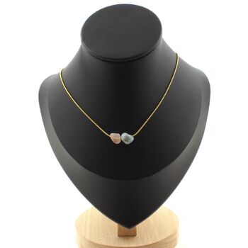 Beryl Morganite from Brazil 2 beads necklace. Golden stainless steel chain