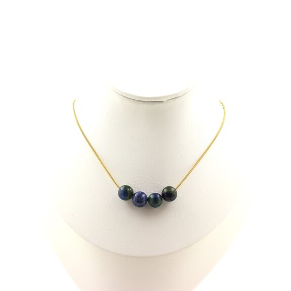 Azurite Chrysocolla 4 beads 8 mm necklace. Golden Stainless steel chain