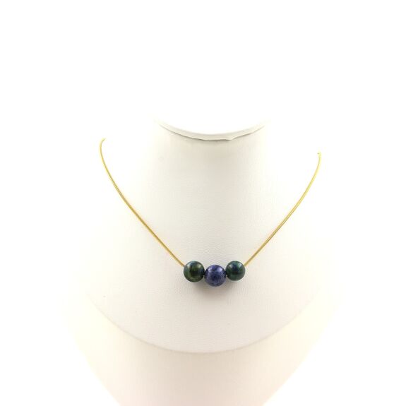 Azurite Chrysocolla 3 beads 8 mm necklace. Golden stainless steel chain