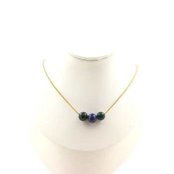 Azurite Chrysocolla 3 beads 8 mm necklace. Golden stainless steel chain