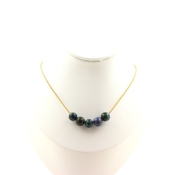 Azurite Chrysocolla 5 beads 8 mm necklace. Golden Stainless steel chain