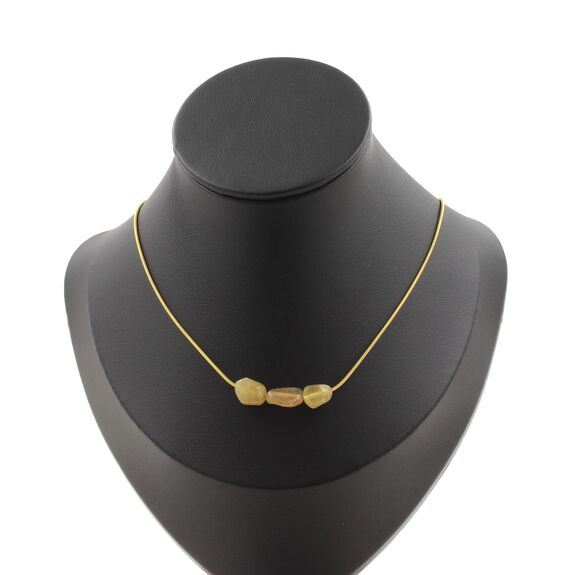 Yellow Apatite from Madagascar 3 beads necklace. Golden stainless steel chain