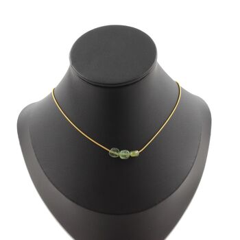 Green Apatite from Madagascar 3 beads necklace. Golden stainless steel chain