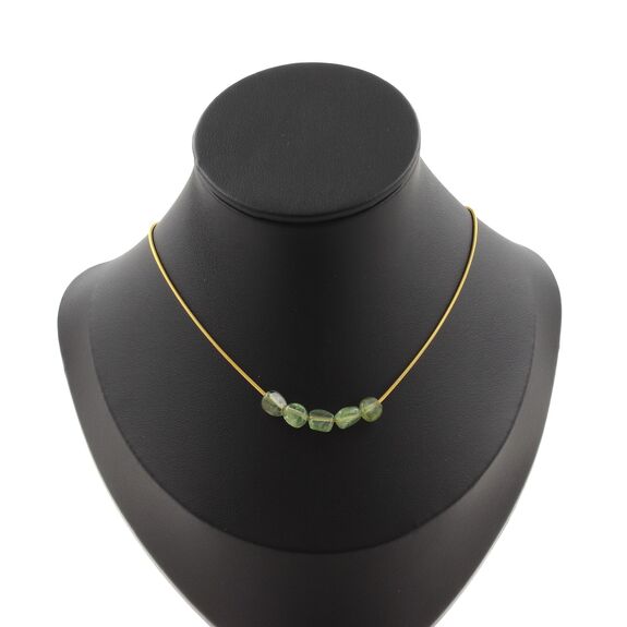 Green Apatite from Madagascar 5 beads necklace. Golden Stainless steel chain