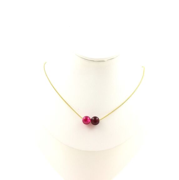 Pink banded Agate 2 beads necklace 8 mm. Golden stainless steel chain