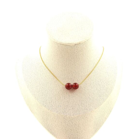 Red Agate 2 beads necklace 8 mm. Golden stainless steel chain
