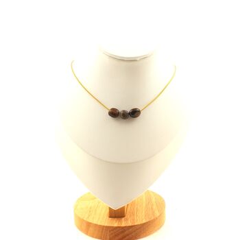Bronzite from Brazil 3 beads necklace. Golden stainless steel chain