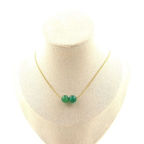 Green Agate 2 beads 8 mm necklace. Golden stainless steel chain