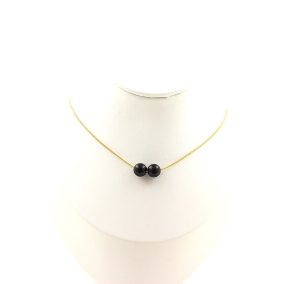 Black Agate 2 beads 8 mm necklace. Golden stainless steel chain