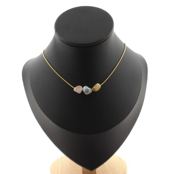 Beryl Morganite from Brazil 3 beads necklace. Golden stainless steel chain