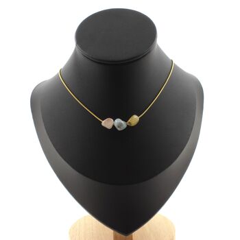 Collier 3 perles Béryl Morganite du Brésil. Chaine en acier doré inoxydable