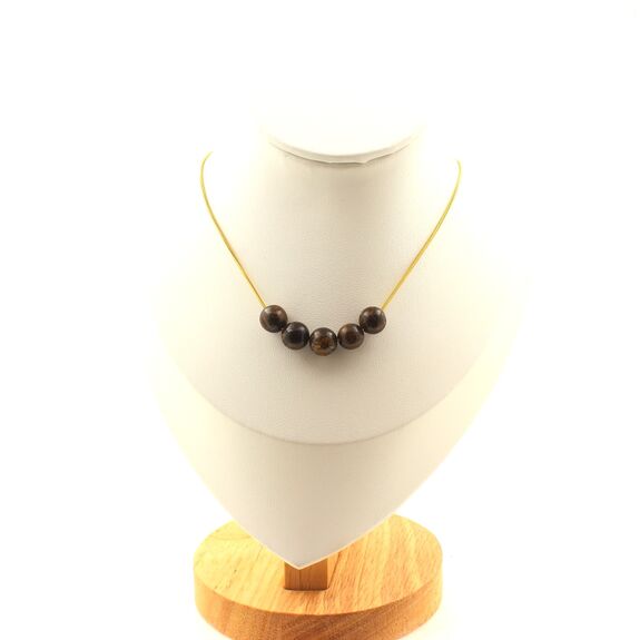 Bronzite 5 beads 8 mm necklace. Golden Stainless steel chain