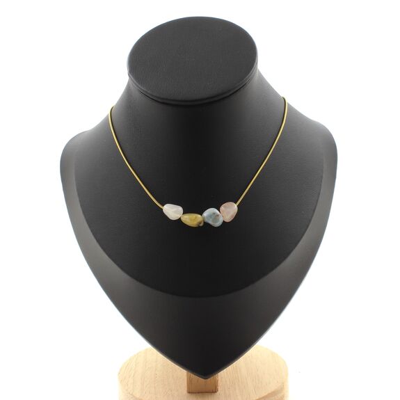 Beryl Morganite from Brazil 4 beads necklace. Golden Stainless steel chain