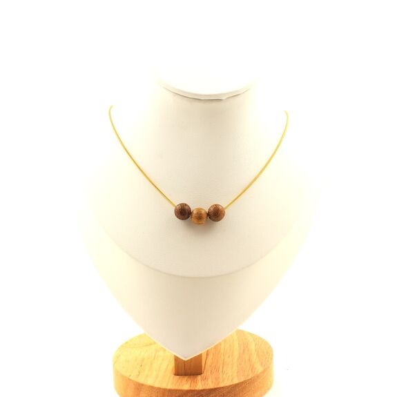 Wood 3 beads 8 mm necklace. Golden stainless steel chain